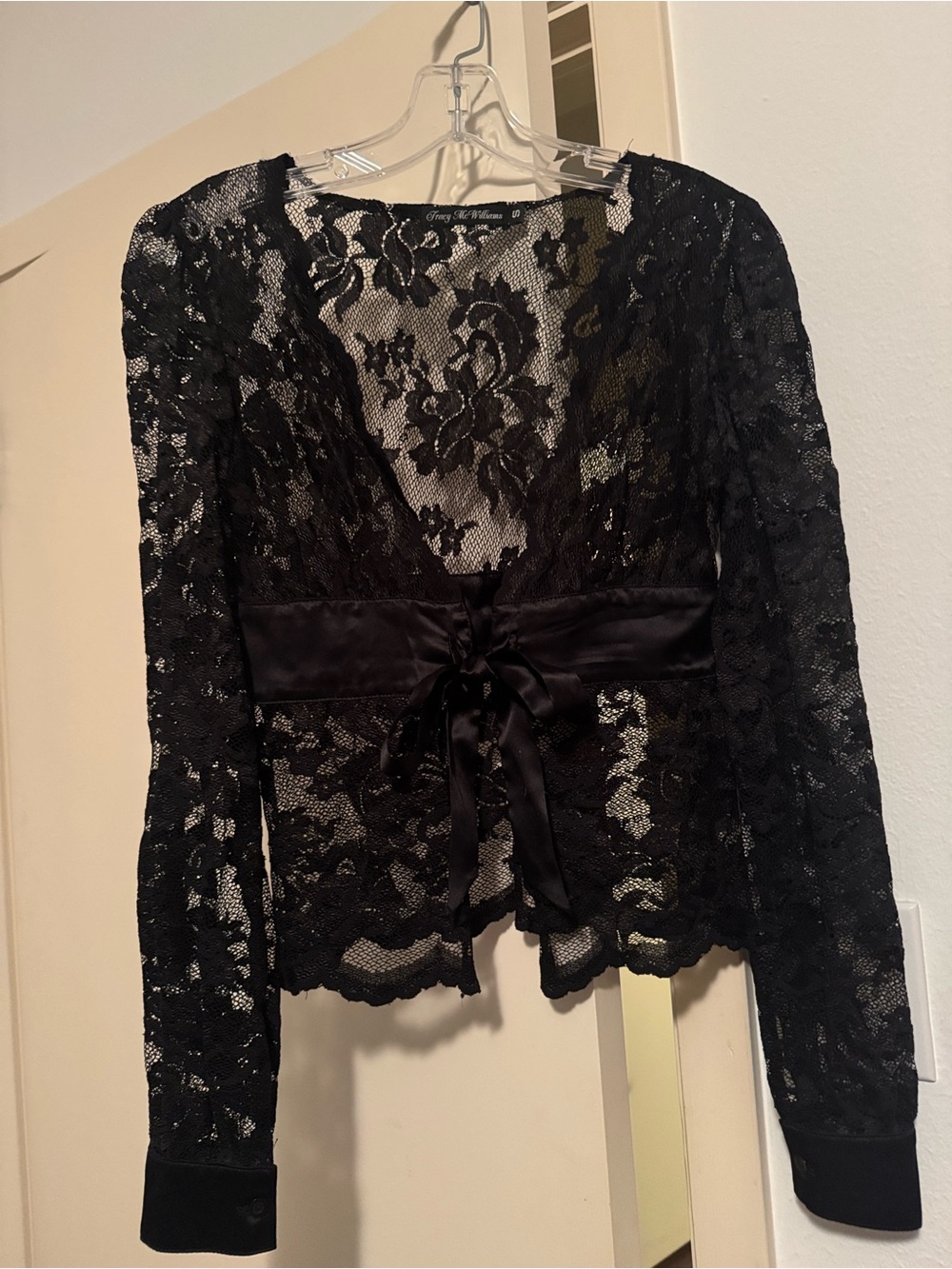 Tracy McWilliams Black Lace Tie-Front Top size S NWOT